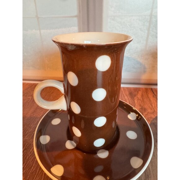Set of 2 Fitz & Floyd Brown & White Polka Dot Espresso Cups and Saucers - Picture 2 of 11
